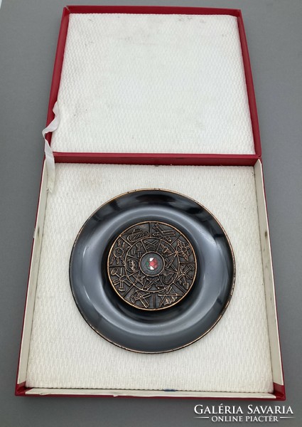Rare social real, socialist metal decorative bowl with fire enamel inlay, in its original gift box