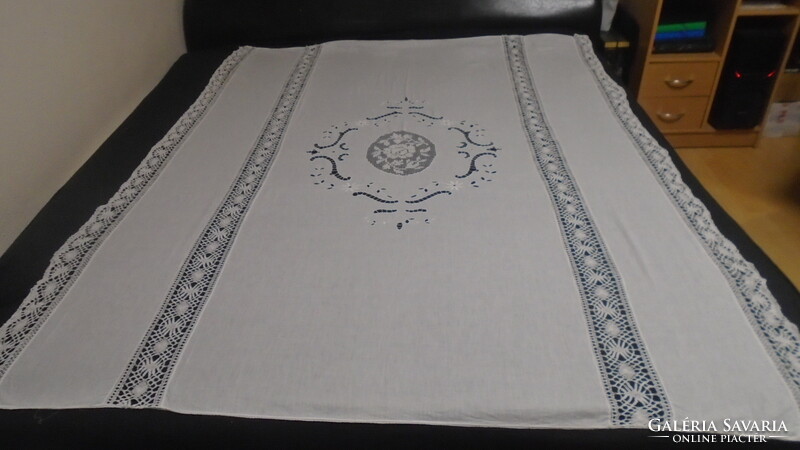 Beautiful snow-white antique handwork beaten lace bedspread tablecloth