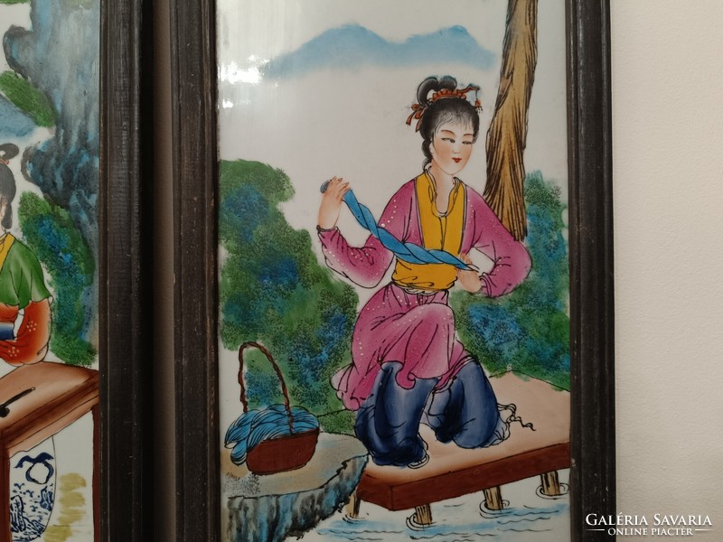 Aktik Chinese porcelain geisha pictures in frames with carved inserts 806 8295