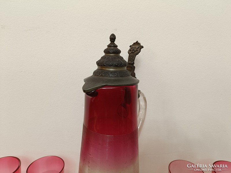 Antik huta üveg boros kancsó ón fedővel és 5 pohár 19. század 835 8244