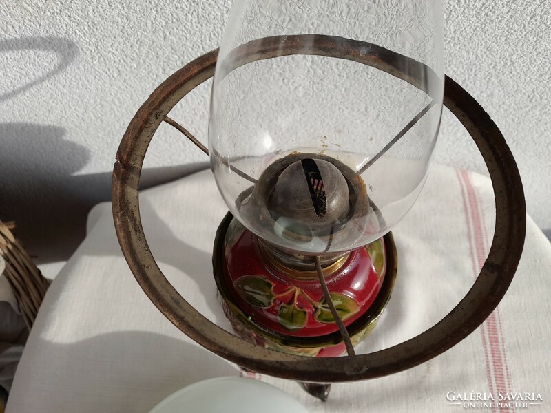 Szecessziós majolika asztali petróleumlámpa, minden eredeti, szép arányos darab