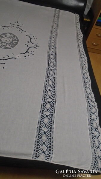 Beautiful snow-white antique handwork beaten lace bedspread tablecloth
