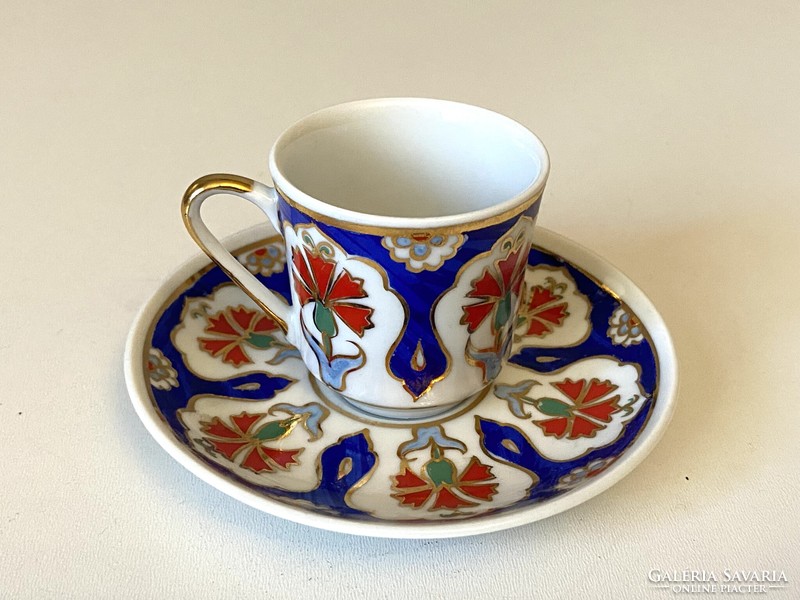 Turkish güral painted red and blue floral porcelain coffee cup and saucer