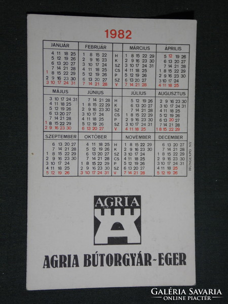 Kártyanaptár, Agria bútorgyár Eger, ülő garnitúra , lakberendezés, 1982,   (4)
