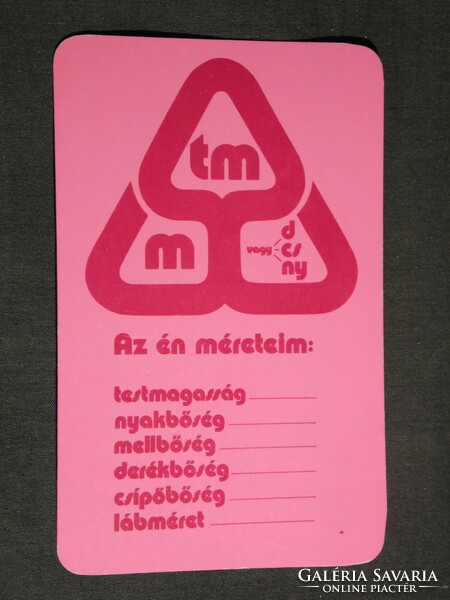 Kártyanaptár, szivárvány Áruház, Budapest, méret táblázat, 1983,   (4)