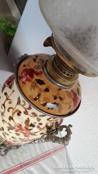 Steidl znaim table kerosene lamp, large, majolica, tulip shade, everything is original
