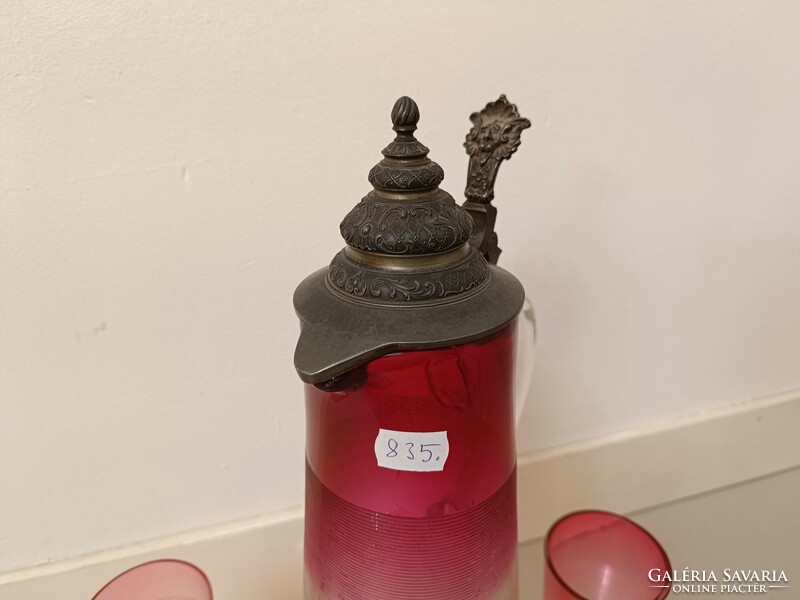Antik huta üveg boros kancsó ón fedővel és 5 pohár 19. század 835 8244