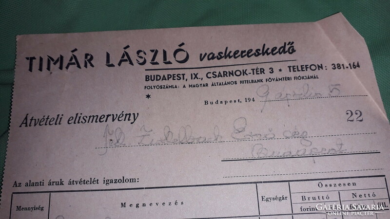 1949. TÍMÁR LÁSZLÓ BUDAPEST vasáru kereskedelmi számla ÁTVÉTELI ELISMERVÉNY a képek szerint