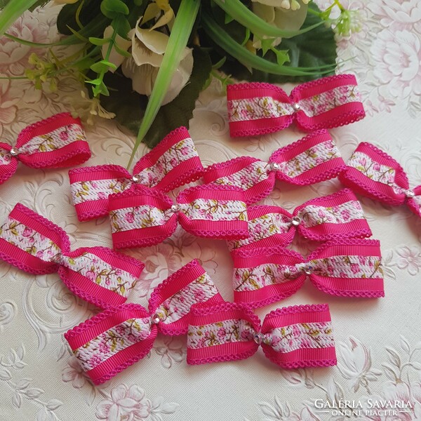 ÚJ, kézzel készített virágos, pink színű szatén masni dísz, dekoráció