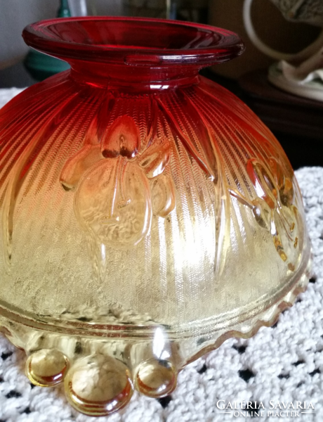 Old antique-style red-yellow pressed glass serving bowl with flower pattern, bowl, 15.5 x 8 cm