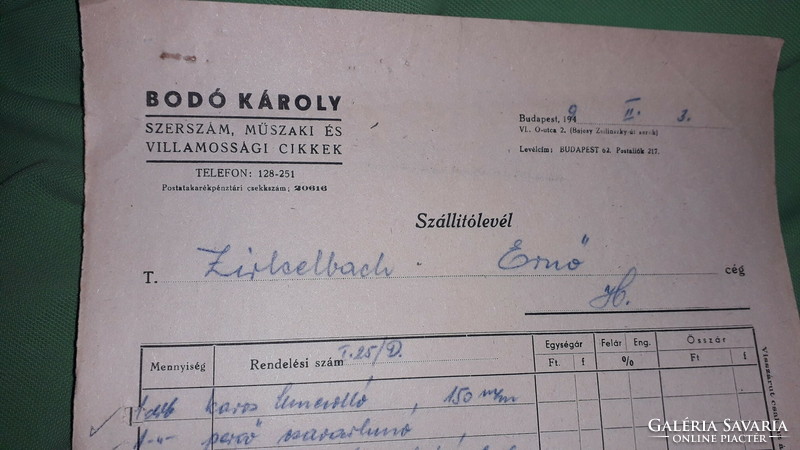 1940 CC. Károly Bodó Budapest hardware commercial delivery note 2 pieces in one as shown in the pictures
