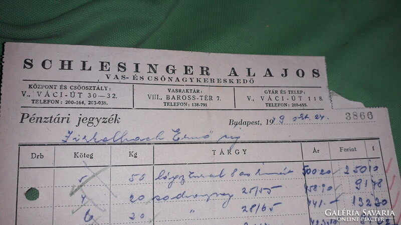 1949. SCHLESSINGER ALAJOS BUDAPEST vasáru kereskedelmi számla a képek szerint