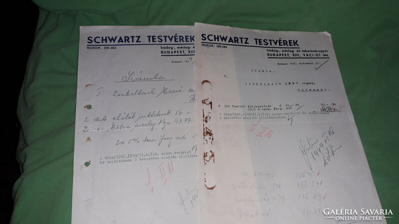 1949. SCHWARTZ TESTVÉREK BUDAPEST vasáru kereskedelmi számla 2db egyben a képek szerint