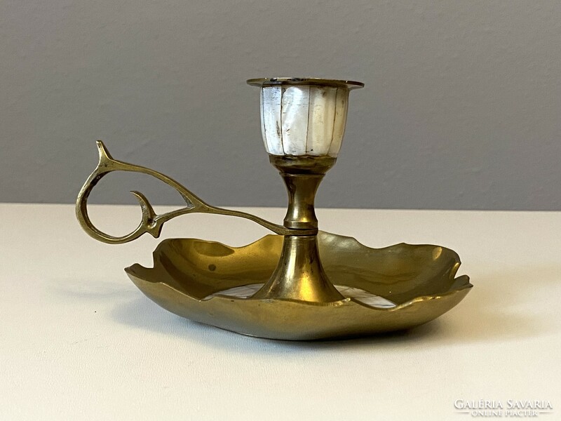 Retro gold-colored base, copper candle holder with ears, mother-of-pearl decoration, 14 cm wide