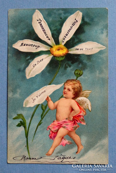 Antik dombornyomott  litho üdvözlő képeslap margarétával Szeret - Nem Szeretet játszó angyalka