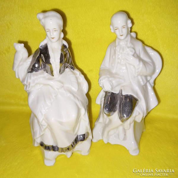 In pairs, German, numbered, baroque, silver-plated, porcelain figurines