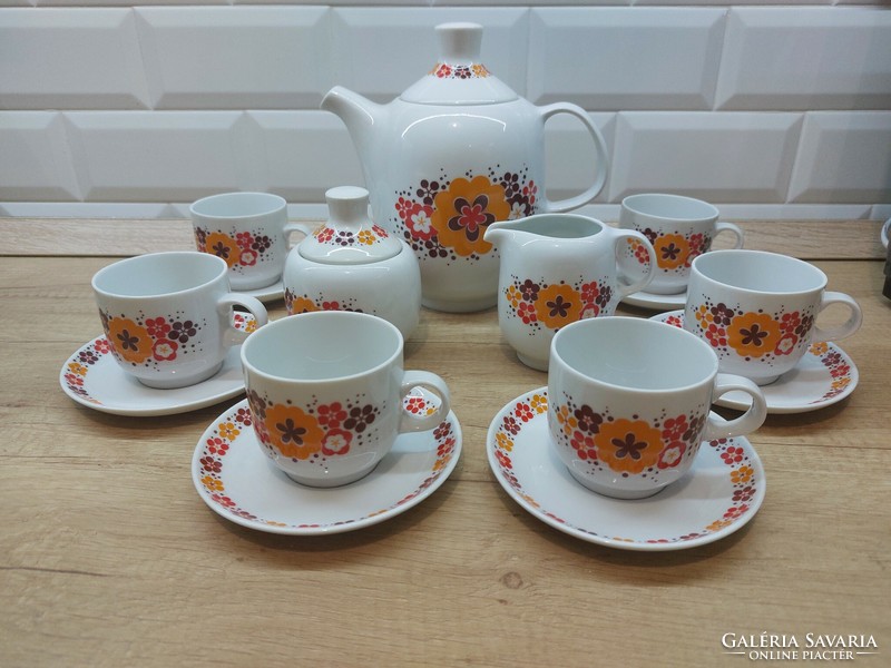Alföldi porcelán menzamintás narancs-barna virágos kávés szett