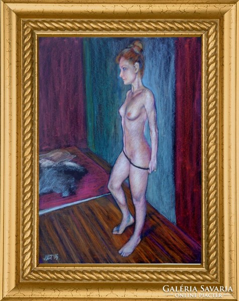 Modern impressionist painting. Tamás Attila Kagyerják: nude model trying on her thong