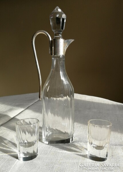 Antik, art deco, Moser-jellegű likőröskészlet – üveg tálca, karaffák és kis poharak
