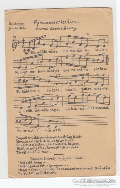 Postcard with a song on a pink leaf, composed by Károly Kovács (post clean)