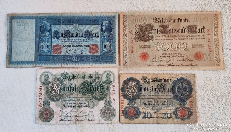 1910 Imperial Mark Series: 20 to 1000 (vf-f) - German Empire | 4 banknotes