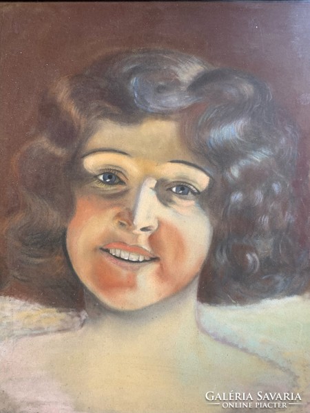 Art deco kislány portré, festmény, 52 x 42 cm-es, olaj, fán. 0265