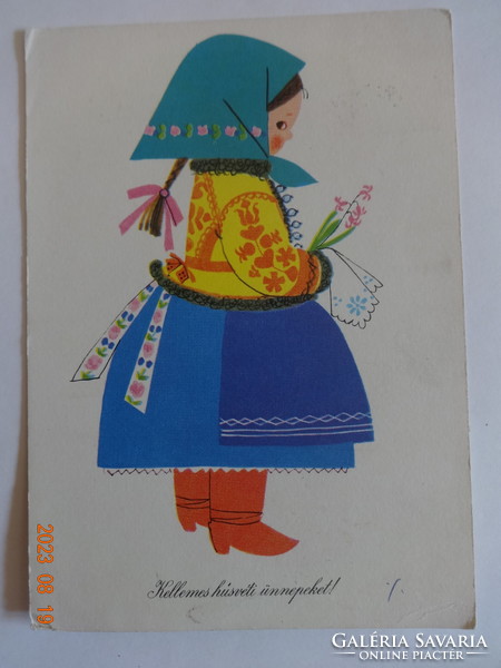 Régi grafikus üdvözlő képeslap -  gyermek mózeskosárban - Győrffy Anna rajz (1956)