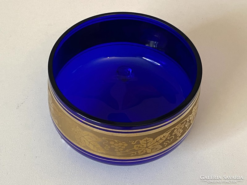 3 Legs blue glass retro serving bowl decorated with golden grapes 10 x 6.5 Cm high