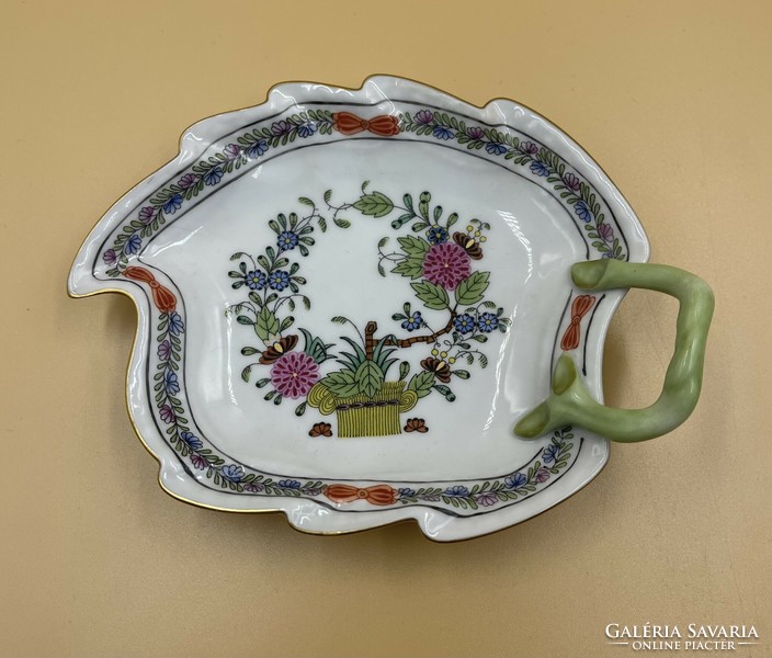 Colorful leaf-shaped bowl with Indian basket pattern from Herend