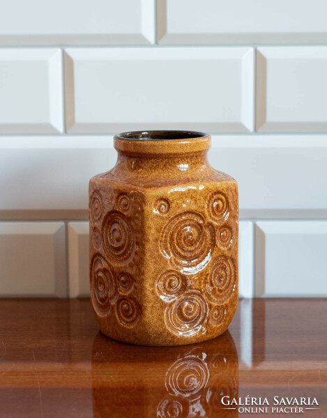Scheurich Jurassic period design, fossil pattern vase in honey brown color - German retro ceramics