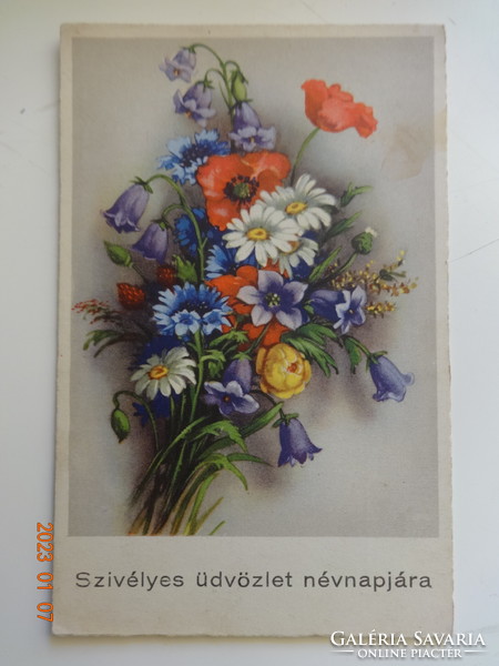 Régi virágos névnapi üdvözlő képeslap, vegyes csokor