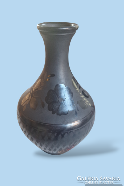 Fekete nádudvari kerámia váza 23 cm magas