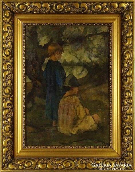1Q066 XX. századi festő : Gyerekek az ártéri erdőben