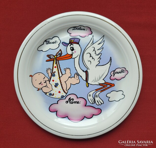 Tognana olasz német porcelán tányér születési kislány gyerek ajándék gólya akasztható fali tányér