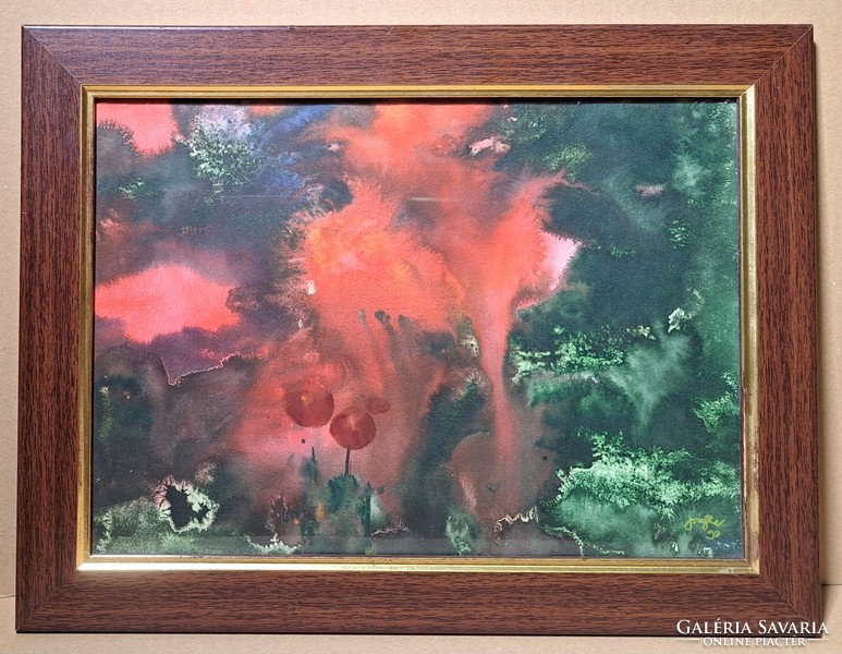 Jozefka antal (1935-): poppies (framed watercolor) contemporary artist, flowers - painter from Újpest