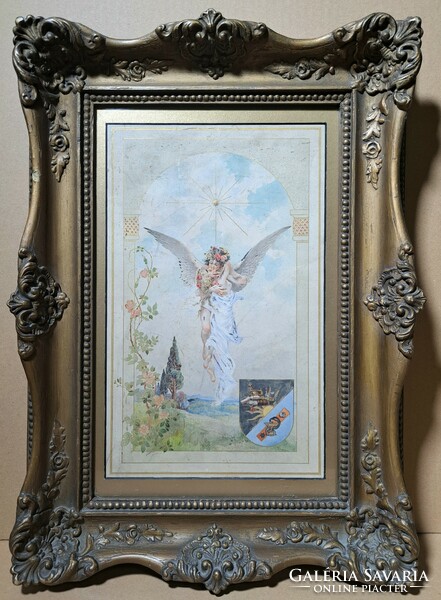 Kiss of Angels - masterpiece watercolor blondel in frame, old picture
