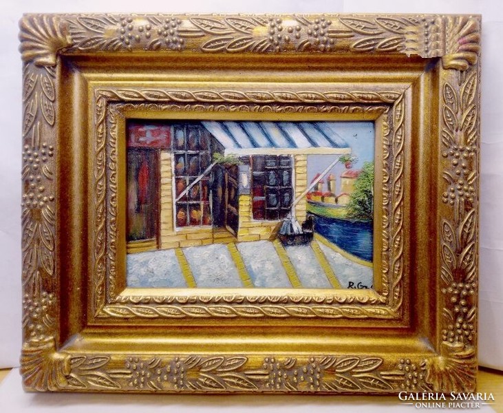 Mediterrán Street with a boutique, framed. Modern painting from Italy