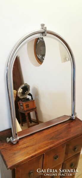 Art deco, bauhaus tubular frame, arched, nickel-plated copper mirror
