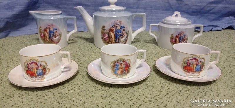 Old, rare-colored, shield-sealed, scenic, luster-glazed, Zsolnay tea set. (Part)