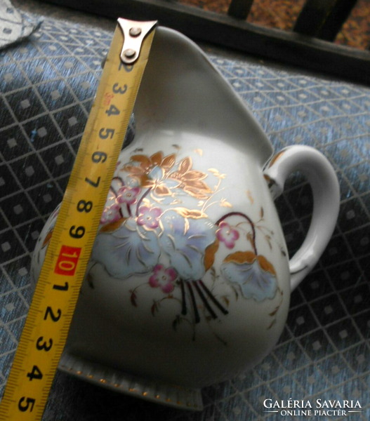 Antique beautiful butter colored base hand painted jug, spout