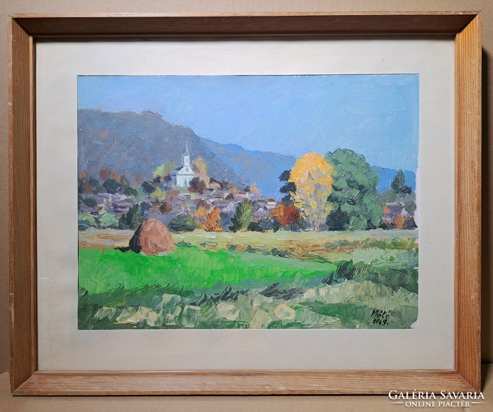 View of the village, 1969 - oil painting with maté marking, 1960s