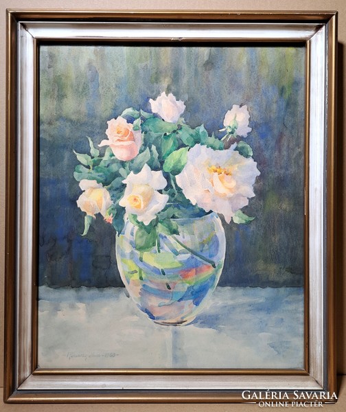 Ilona Rohonczy: flower still life with roses, 1960 (watercolor frame) female painter