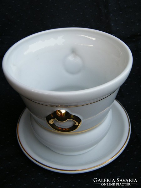 Royal Tettau porcelán kaspó aranyozott fogóval díszített, alátéttel