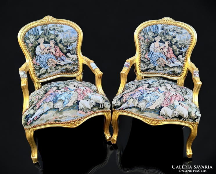 A790 gilded tapestry scene neo-baroque armchairs