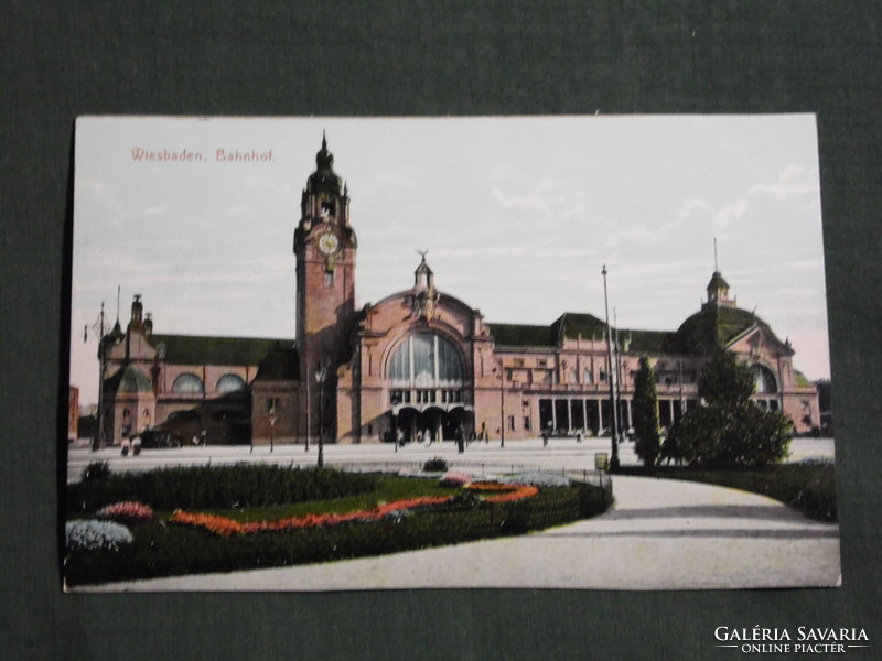 Képeslap, Postkarte, Németország, Wiesbaden, Bahnhof. vasútállomás