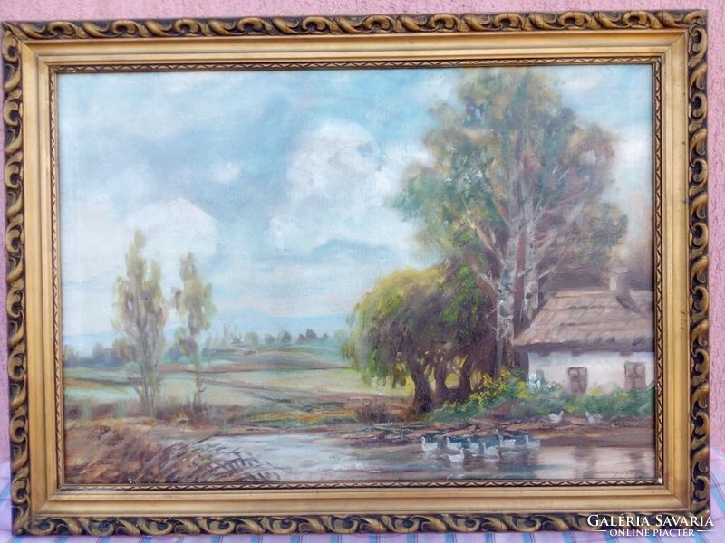 János Dunay: farmhouse on the waterfront. Naturalistic painting made in the 1930s