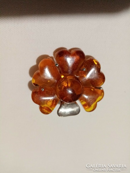 Antique amber flower brooch and pendant in one --- restored with silver
