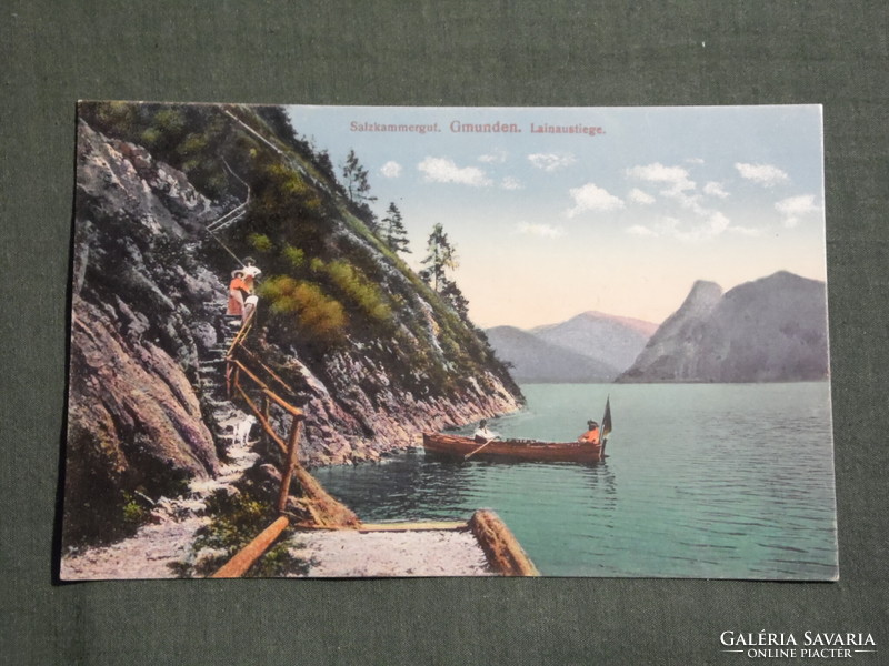 Postcard, postcard, Austria, gmunden lainaustiege salzkammergut ruderboot boot personen pub