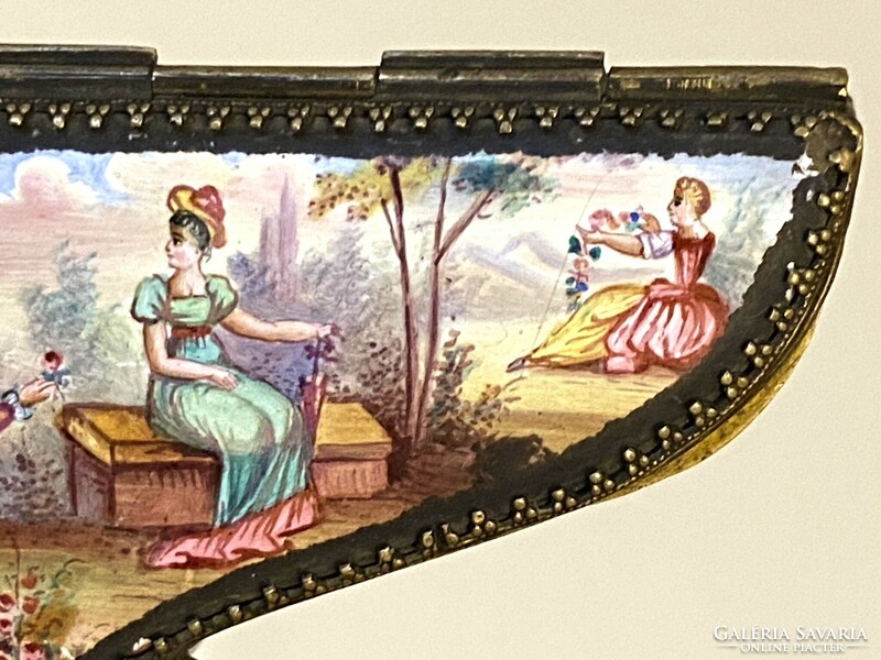 Antique piano-shaped copper jewelery holder with painted porcelain insert