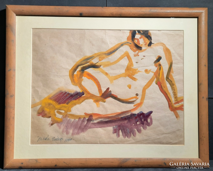 Erika Juhász: nude, 1990 (tempera, 40x50 cm) - colored nude, modern, contemporary